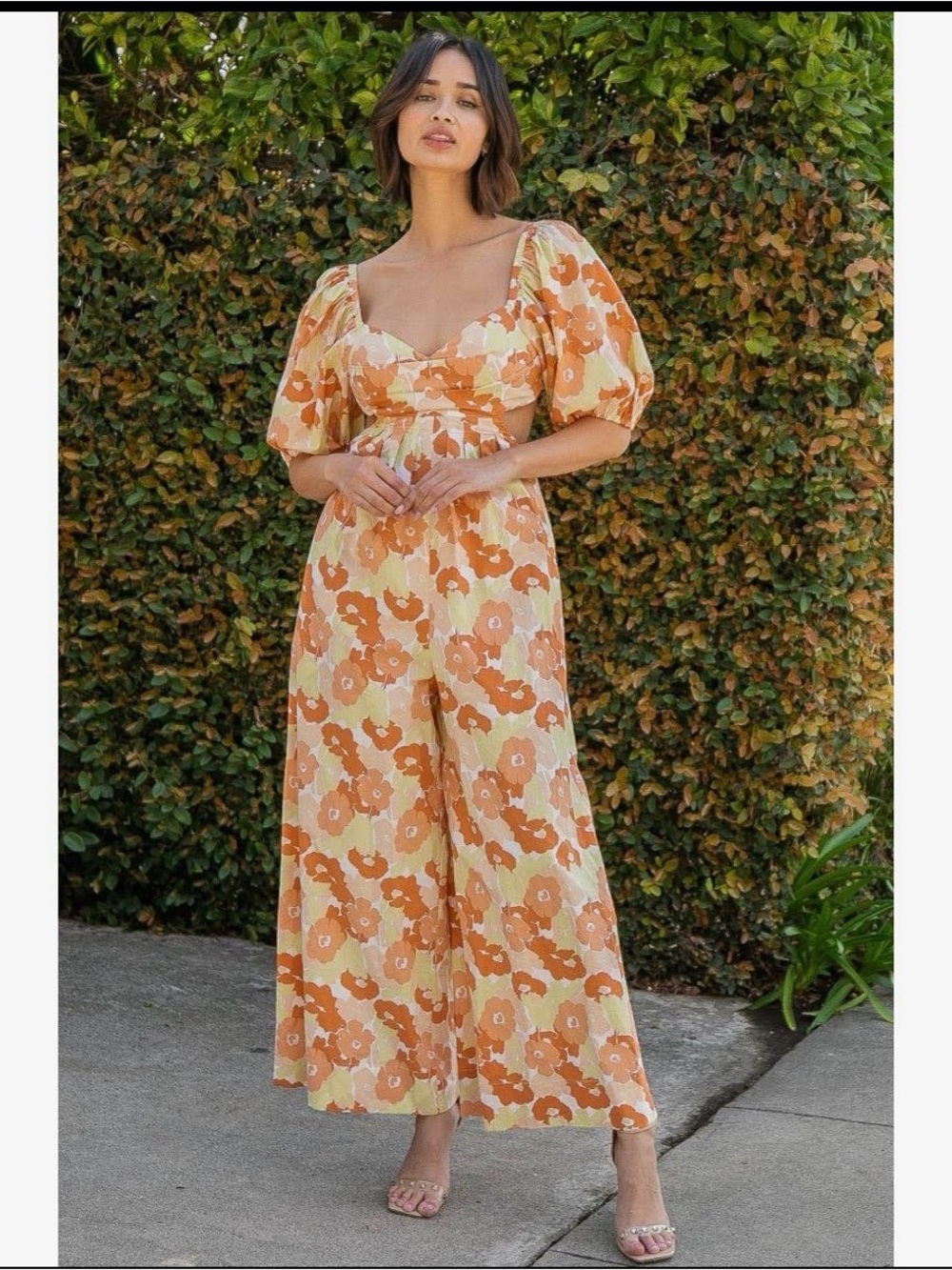 Floral Puff-Sleeve Jumpsuit in Orange and Cream